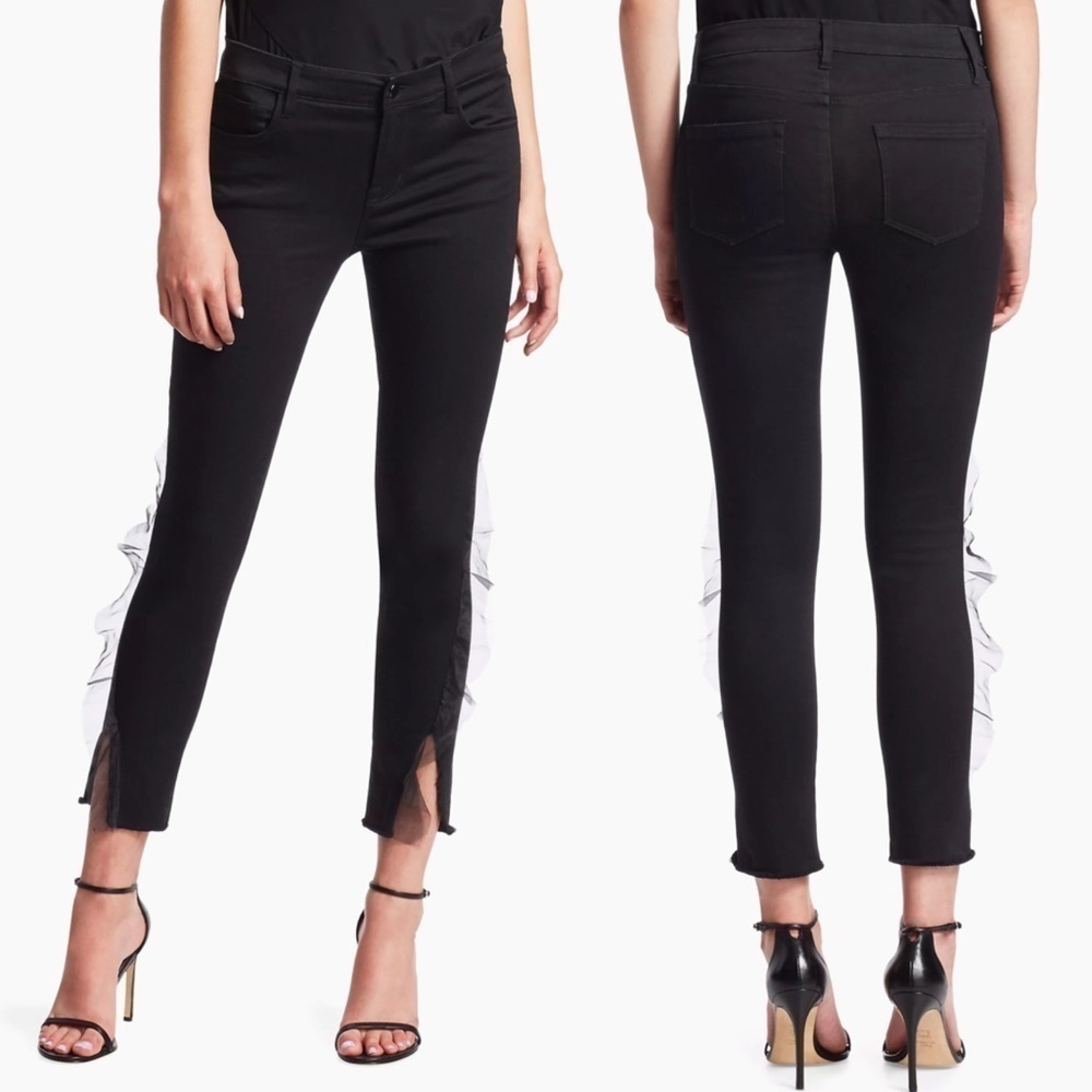 J BRAND MID RISE CROP SKINNY BLACK ORGANZA TRIM FRAYED HEM ANKLE SKINNY JEANS